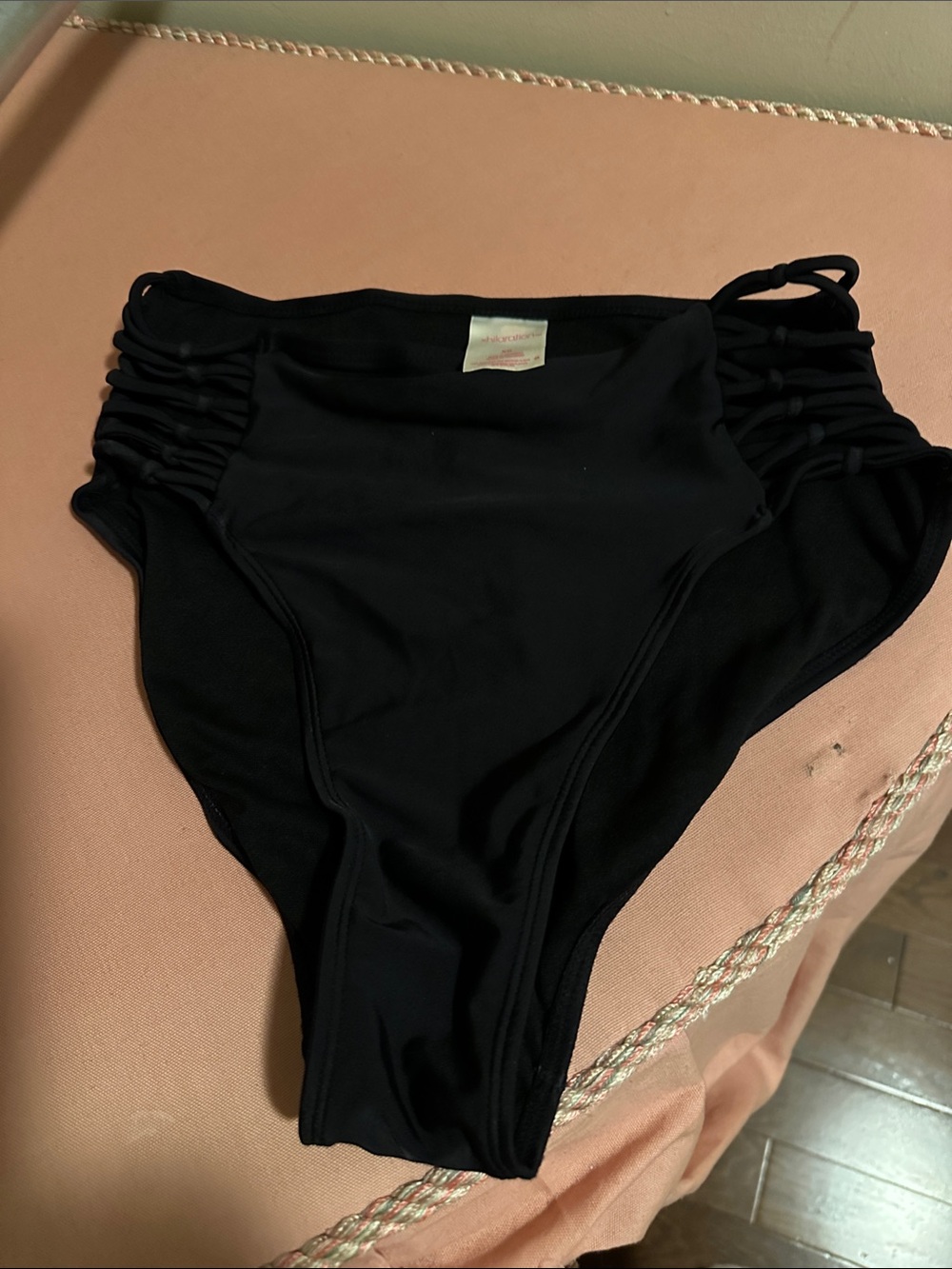 Xhilaration Black High-Waist Bikini Bottom with Side Strappy Detail
